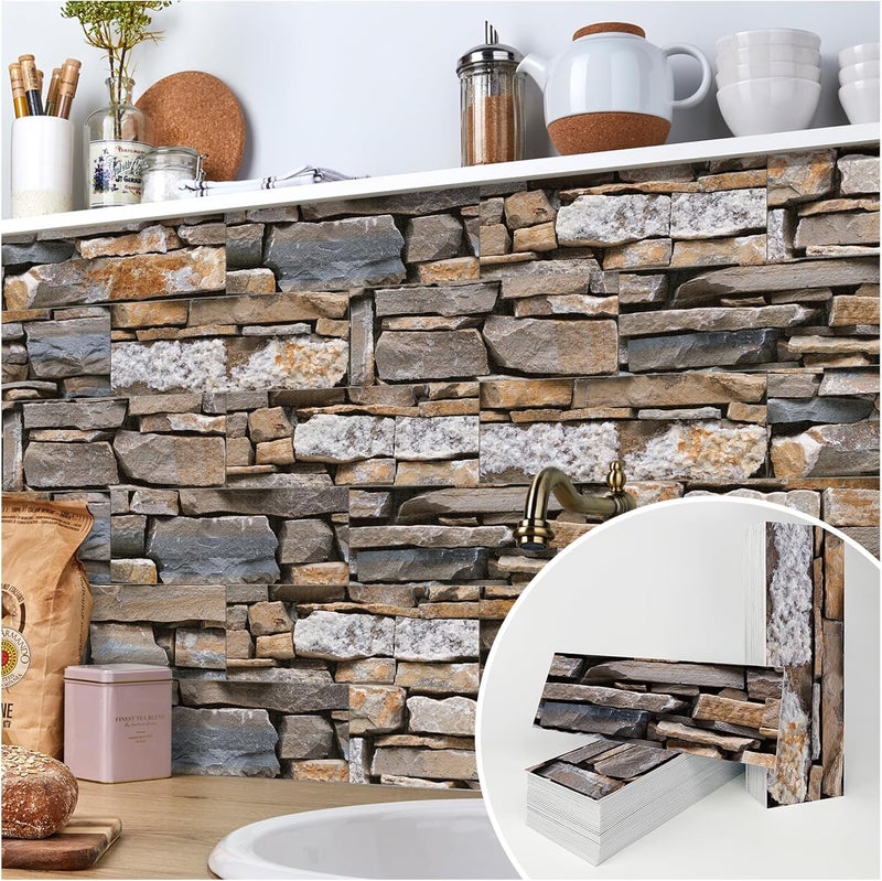 TUOKING 27-Pieces Stone Composite Subway Tiles Peel and Stick Backsplash 4"x 12" PVC Self-Adhesive Matte Brick Texture Wall Tiles Stick on Kitchen Bathroom(LPM-17-27PCS) - Image 1